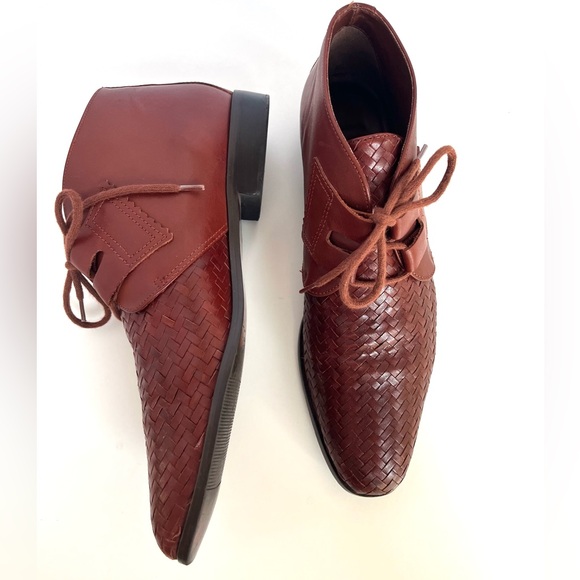 Vintage 90's Cognac Brown Woven Leather Ankle Boots Booties Pappagallo Size 8.5 - Picture 2 of 15
